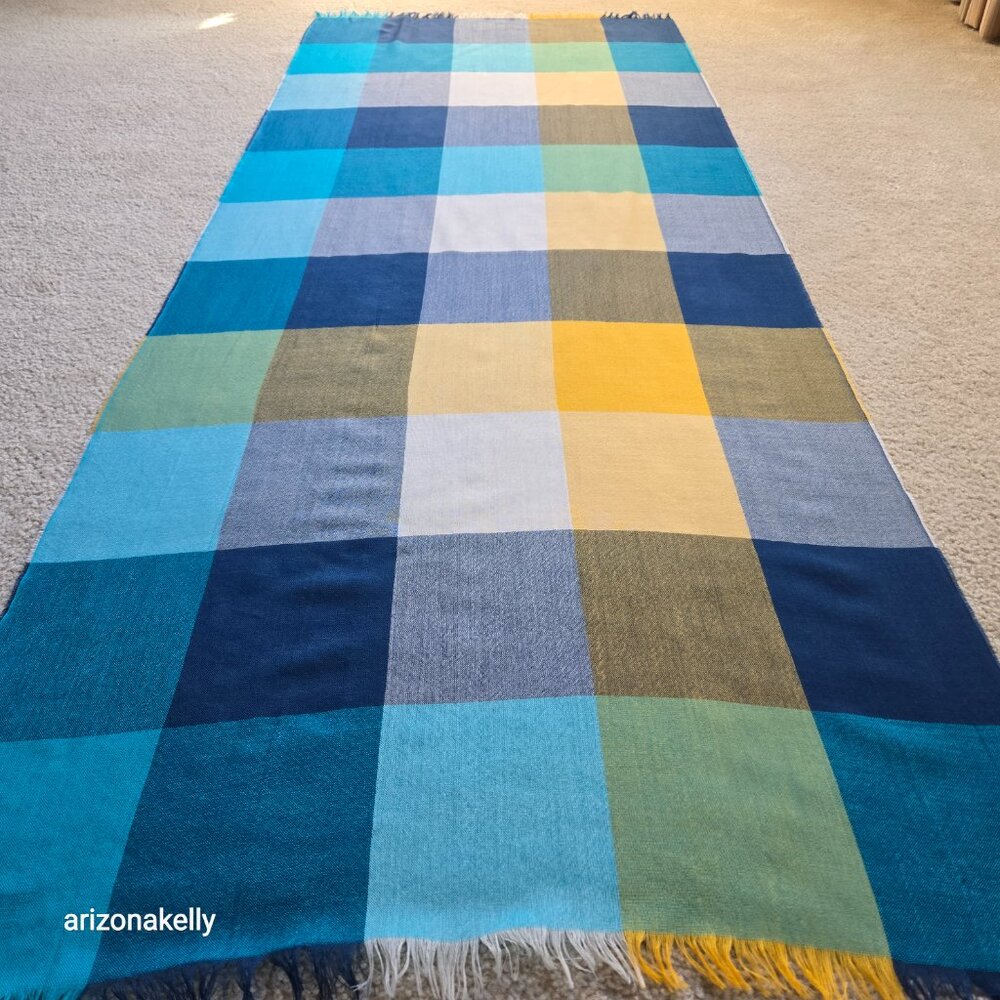100% Wool Lightweight Checked Scarf Blue White Yellow Made in Scotland - Picture 5 of 12